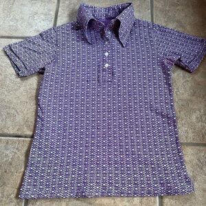1970’s Retro Purple and White Patterned Knit Fabric 3 Button Collared Polo - S